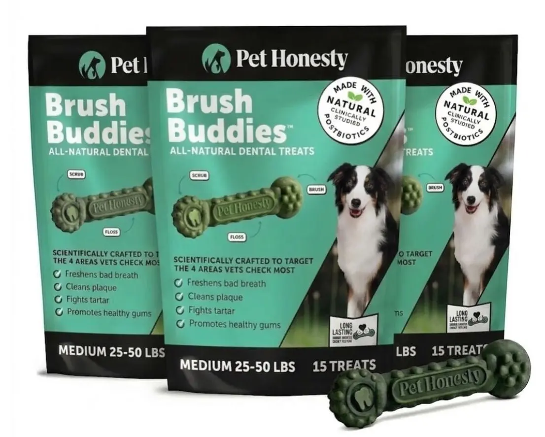 Brush Buddies All-Natural + Long Lasting Dental Treats for Medium Sized Dogs - 3 Pack (45 Count)