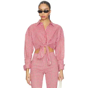 AEXAE Linen Shirt Tie Top in Gingham Red