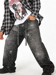 Herrenmode Rhinestone Loose Straight Jeans for Urban Casual Wear, Slim Fit Baggy ,Hip-Hop Skateboarding, and Party Outfits, Stylish Streetwear Denim