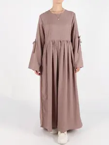 Women's Plain Bow Decor Flounce Sleeve Pocket Smock Dress, Casual Long Sleeve Round Neck Zipper Back Dress for Daily Wear, Ladies Clothes for All Seasons