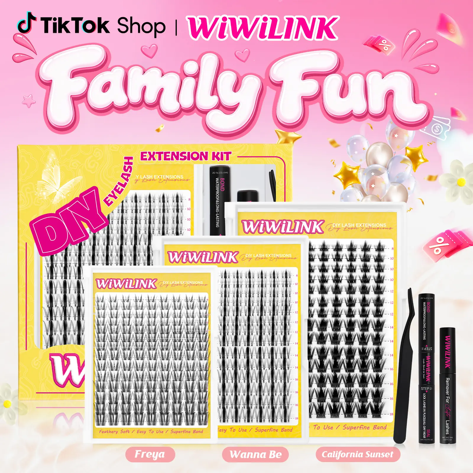 WiWiLINK Sunset Wanna Be Freya Manga Anime Cluster False Eyelash Kit for Adults, 8-18mm C/D Curl DIY Eyelashes Extensions with Bond, Seal, Remover - Ultra-Thin Transparent Bands, Natural Cosmetic Makeup