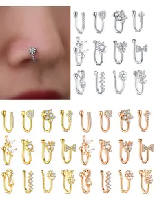 12pcs Fake Nose Rings for Women, & Silver Color Nose Cuffs, U-Shaped Clip-On Design, Non-Piercing Faux Nose Piercings Jewelry Set, Spiral Nose Ring