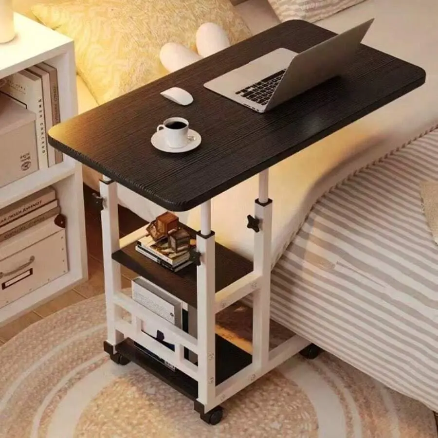 Double-Layer Metal Foldable Desk Table with Metal Frame, Rectangular Top, Wheeled Base, Adjustable Height, Storage Rack, Modern Furniture for Studying, Working – Versatile for Bedrooms, Offices (Bedside Table Option)