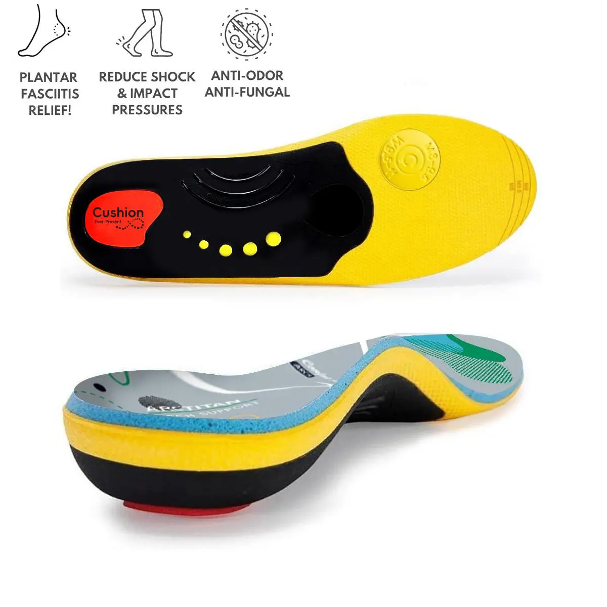 High Arch Support Orthotic Insoles For Men Women,Plantar Fasciitis Insoles,Work Boot Insoles For Standing All Day,Shock Absorbing Heavy Duty Support Relief Foot Pain,Orthotic Flat Feet,Heightening Insole,Chef,Food Service,Shoe Inserts,Sweat Footwear