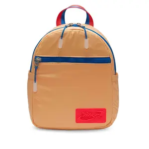 Nike Sportswear Futura 365 Backpack in Tan with Red and Blue Straps, Zippered Closure, and Logo Patch