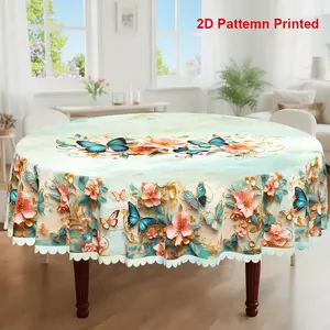 1pc, Spring Summer Themed Party Tablecloth, Luxury Butterfly Floral Marble Style Printed Design, Rectangular/Round/Oval Table Cloth, Embossed Edge, Suitable For Indoor Outdoor Dining Picnic Dinner Dining Room Decoration, Picnic Table Cover