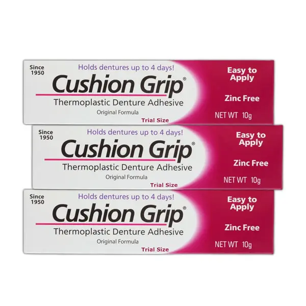 Cushion Grip Thermoplastic Denture Adhesive, 0.35 oz Travel Size (Pack of 3) – Refits and Tightens Loose Dentures for Up to 4 Days | Non-Glue, Zinc-Free, Waterproof Formula, Acts Like a Soft Reliner