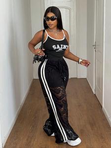 plus size women's high waist lace transparent long pants, elegant hollow out design, casual fashion for all seasons, womenswear