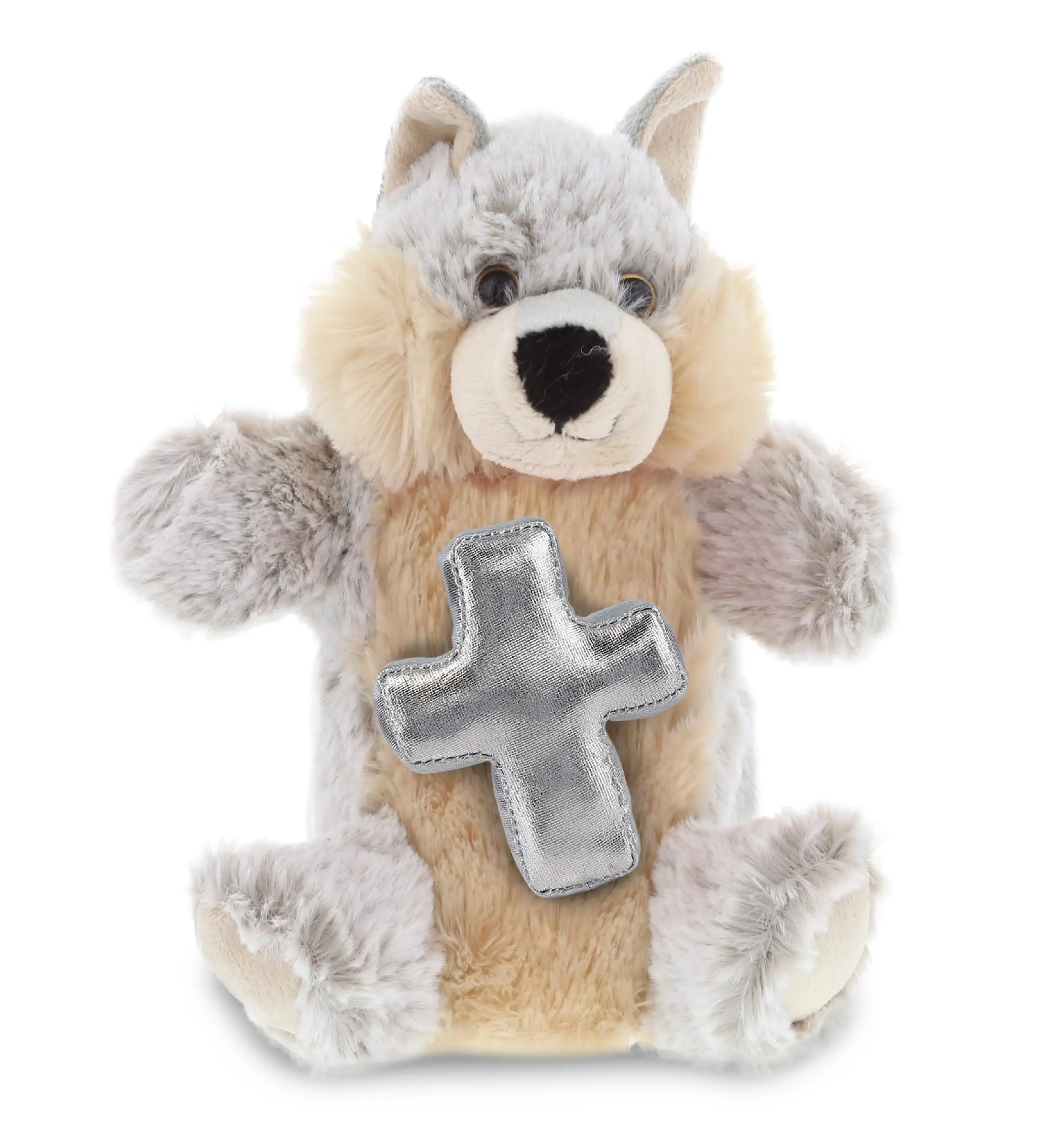 DOLLIBU Metallic Cross Polyester Super-Soft Plush Wolf Hand Puppet, 6.5l×4w×9.5h in Fluffy Fabric Stuffing Animal Shaped Toy, Hand Washable, Cute Plush Charm, Ideal for Religious Play & Gifts, Healing Feel Better Toy, Hand Wash