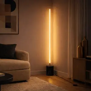 Prism Brassed Gold LED Floor Lamp Faux Marble Base On Off Switch Modern Living Room Bedroom Mood Lighting