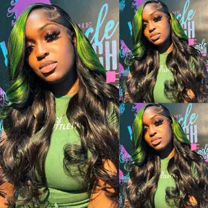 13X4 Lace Frontal Wig Black and Green Skunk Stripe Highlight - High-Quality Hair Accessory with Elegant Design Wigs