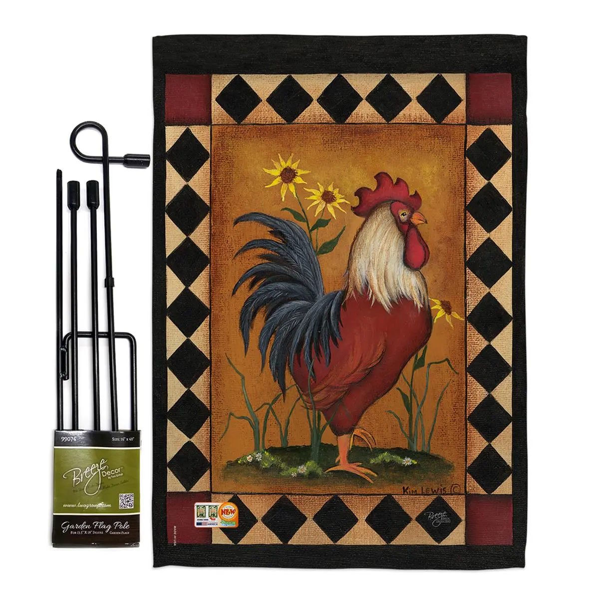 Breeze Decor BD-FA-GS-110073-IP-BO-D-US13-SB 13" x 18.5" Double-Sided Vertical Mini Garden Flag Set, Farm Animals Rooster Design, with Banner Pole, Fade Resistant, Indoor Use