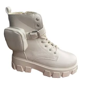 Women's Fashion Chunky Platform Mid-Calf Combat Boots 2038 - Leather-Style PU, Side Zipper, Lace-Up Closure, Detachable Mini Pocket for Essentials, Black, Beige Options, Walking Footwear