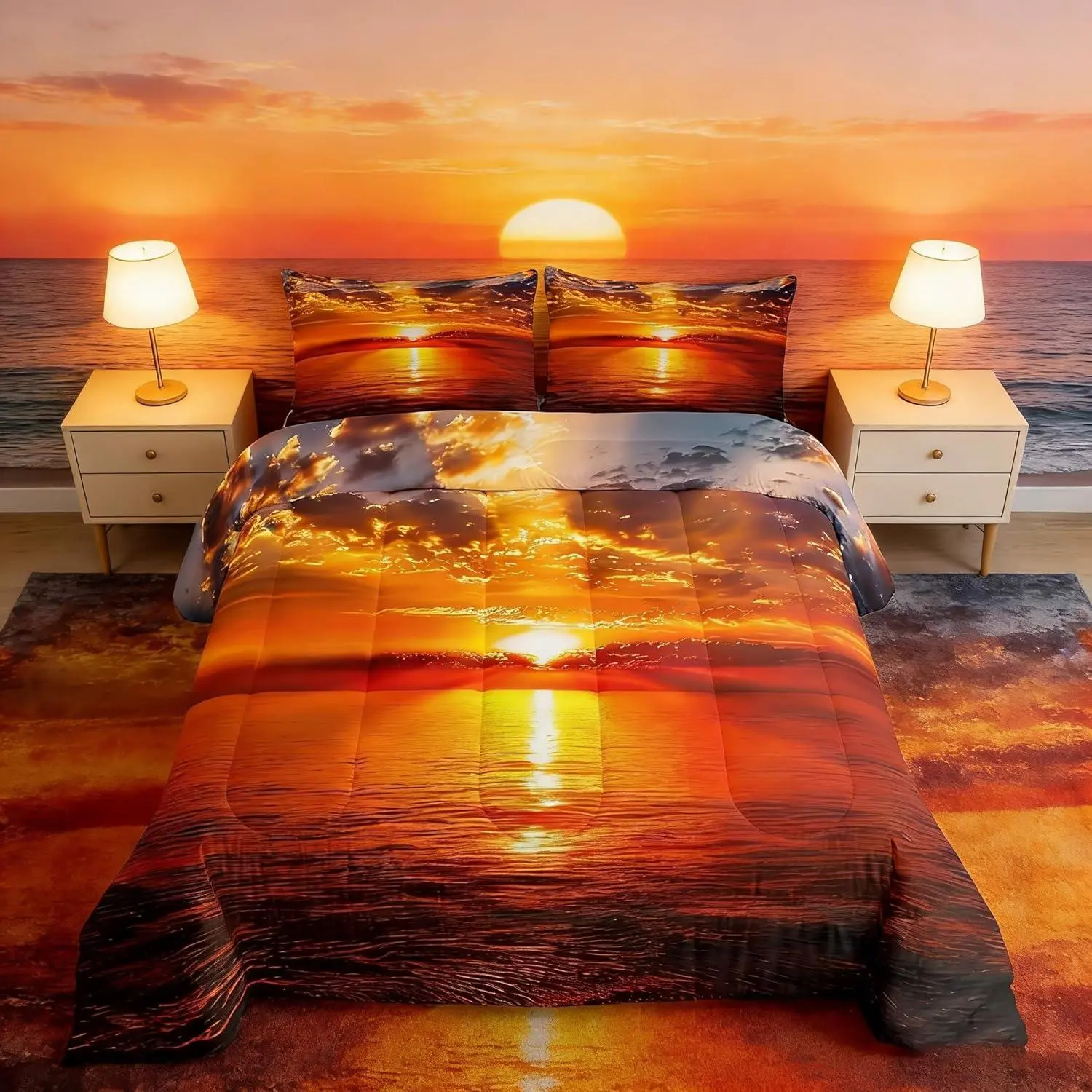 Sea SunSet,Comforter Set,Ocean Natural Landscape Bedding Set for Kids Boys Girls Room Decor,Ocean Theme Down Comforter,No Sheets