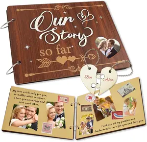 1 Year Our Story So Far Anniversary Scrapbook, Anniversary Wooden Couples Photo Album,Wooden Scrapbook Craft Kit,Memory Picture Journal with  Stickers for DIY Christmas Wedding Gifts