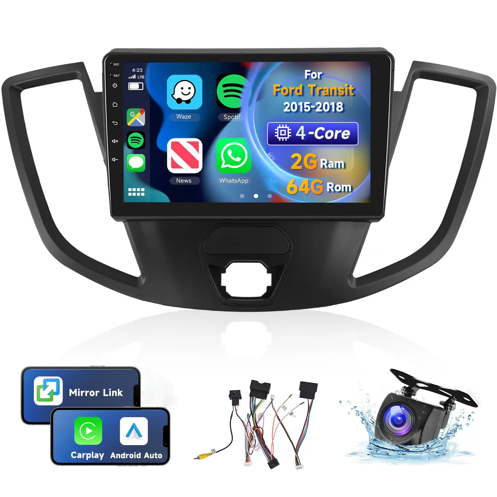 Android Radio for【Ford Transit 2015 2016 2017 2018】with Wireless Carplay/Android Auto GPS, 9 Inch Touch Screen Android 13 Car Stereo + Backup Camera