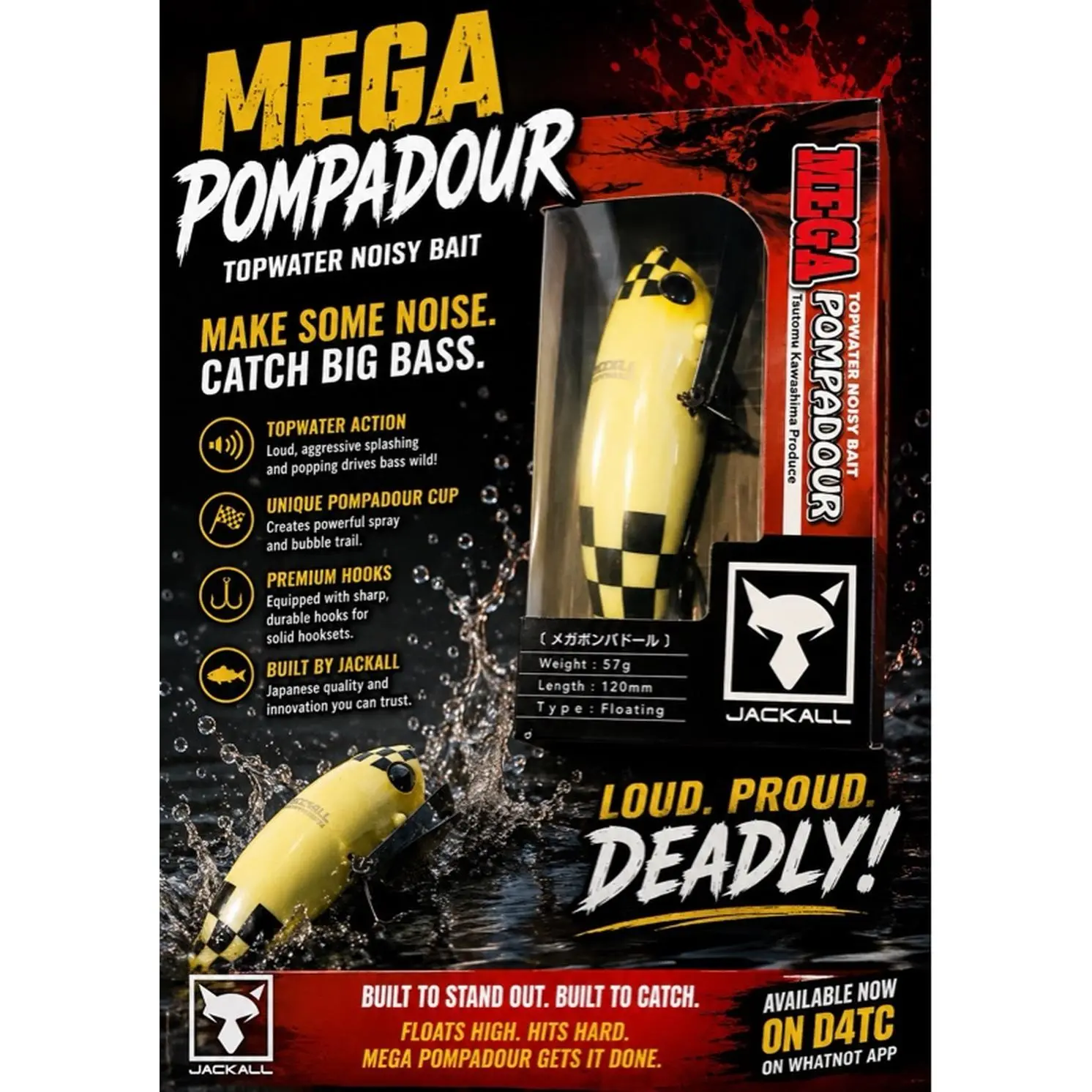 Jackall Mega Pompadour Floating Topwater Crawler Bait 120mm 57g for Trophy Bass Fishing Early Morning Late Evening