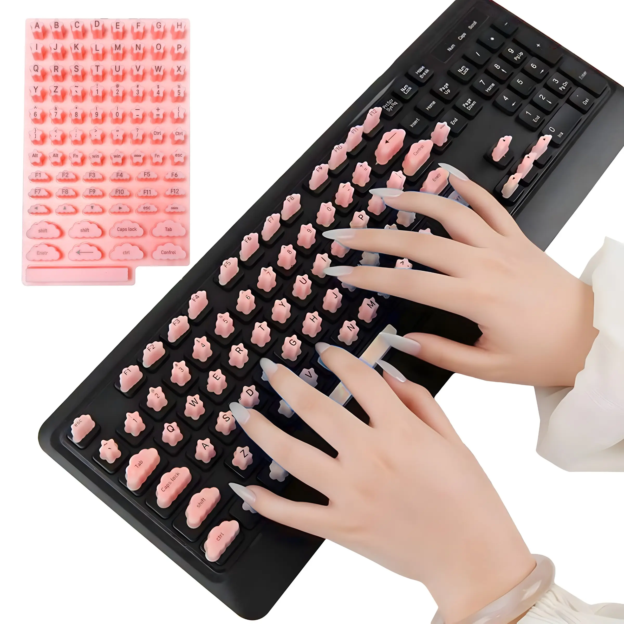 Soft Silicone Raised Keyboard Stickers Cover, Strong Adhesive Anti Slip Durable Nail Friendly Key Caps Protector Easy Paste Removable Design For Long Nails Women Office Daily Use Fit All Types Of Computer Keyboards, Universal Compatibility