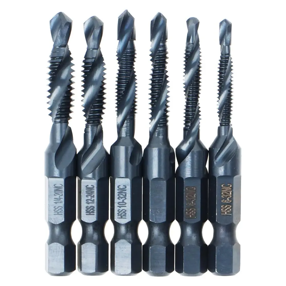 6 Pack Combination Drill Tap Bit Set Black Nitride Coated Screw Tapping Threading SAE Size 6-32NC 8-32NC 10-24NC 10-32NC 12-24NC 1/4-20NC for Power Drills & Drivers