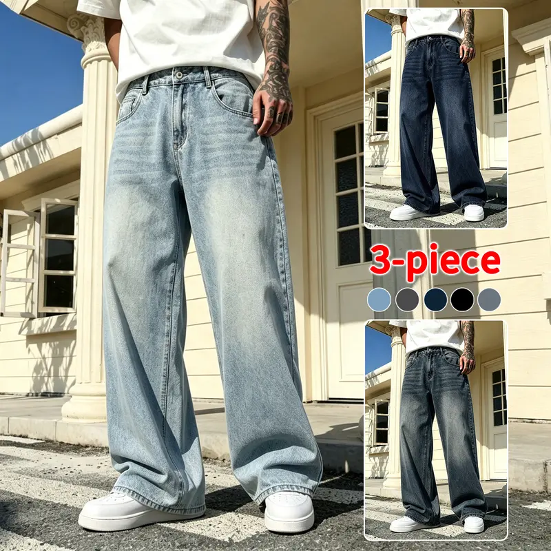 Men's 3-Piece Oversized Baggy Jeans - Menswear, Premium Washed Polyester Plain Denim Fabric, Wide Relaxed Fit for Concealing Broad Hips & Thick Legs, Ideal for Everyday Wear, American Retro Street Style
