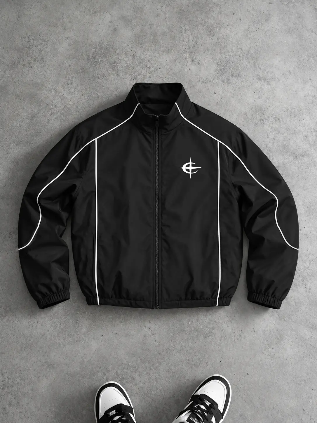Men’s Stylish Reflective Piping Stand Collar Pilot Flight Jacket - Black Polyester Star Print High Visibility Lightweight Full-Zip Menswear Tops, Zip-Up Y2K Retro Racing Windbreaker for Fall/Spring Urban Casual Outdoor Wear