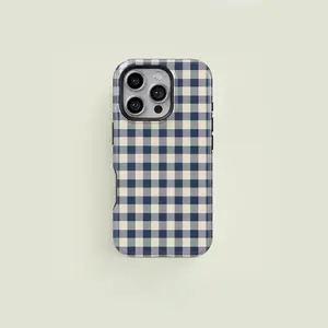 Mini Gingham Navy & Cream Lightweight Shockproof Smartphone Casing - Protection Accessory, Tech Accessory Shell for iPhone 13, 14, 15, 16, 17 Pro Max Plus Devices, Accessories