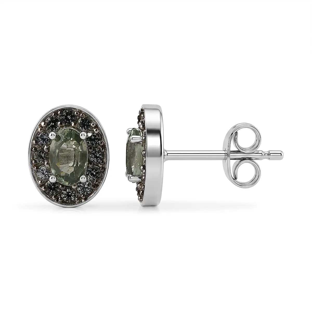 D'Joy Premium Malawi Green Sapphire Royal Circle Halo Earrings in Rhodium Over Sterling Silver 1.00 ctw