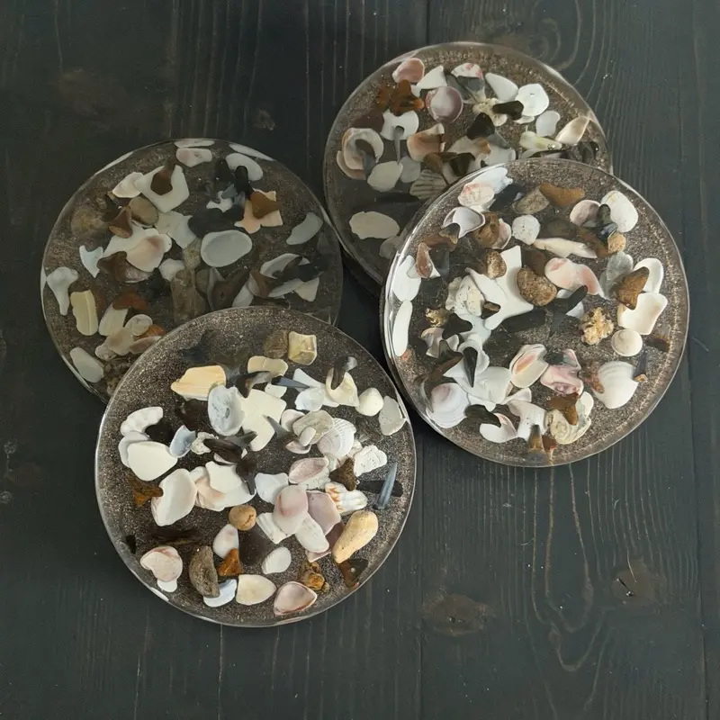 Handmade Shark Tooth & Seashell Resin Coaster | Real Florida Beach Finds | Coastal Beach House Décor | One-of-a-Kind Gift Set of 4
