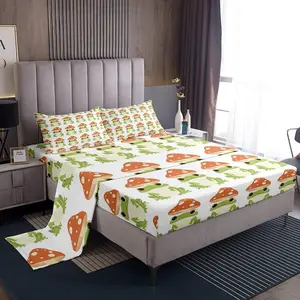 Feelyou Cute Green Frog with Mushroom Hat Bedding Set - Kawaii Animal Decor Bedsheet Set for Kids, Nature-Themed Deep-Pocket Fitted Sheet, Bedsheet Sets, Bedding Sets