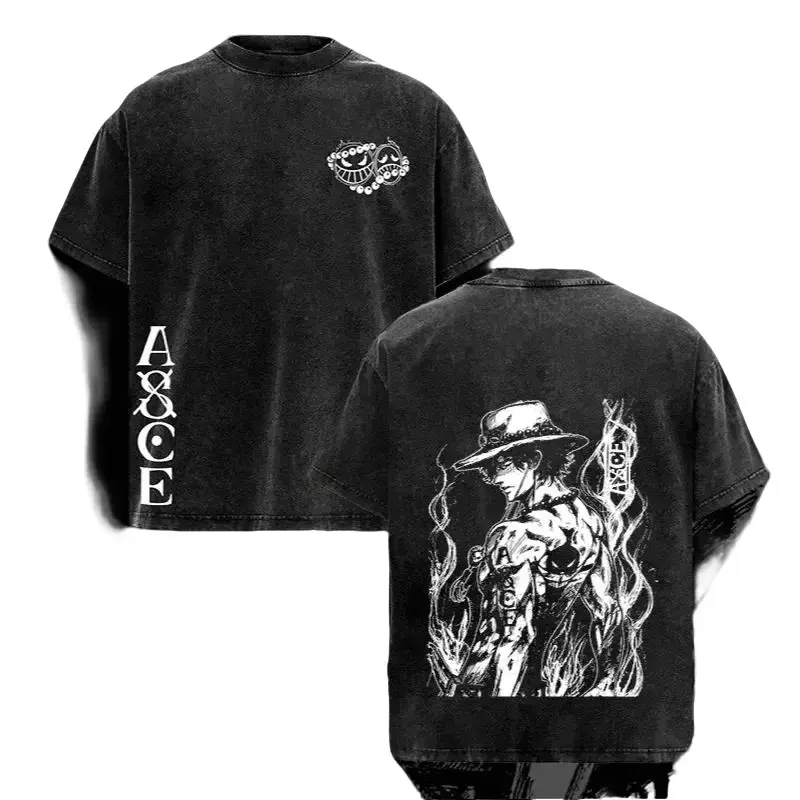 Vintage Washed 1 Piece T-Shirt, Unisex Oversized Streetwear with Portgas D Ace Double-Sided Graphic, Breathable Heavyweight Cotton Apparel