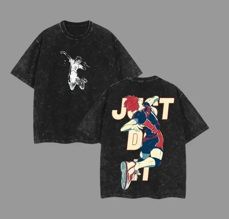 Men's Haikyuu Baggy Short-Sleeve Graphic Tshirt - Vintage Washed Heavyweight Soft Cotton Streetwear Top for Anime Fans, Fabric, Apparel, Seamless, Classic, Shortsleeve, Oversize, Clothes