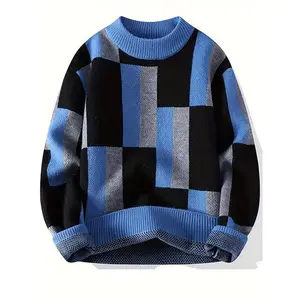 Men’s Trendy Geometric Color-Block Sweater – Warm, Thick Knit Pullover for Autumn/Winter, Ribbed Cuffs in Blue, Black, Gray & White, Crew Neck, High-Stretch Acrylic Blend, Machine Washable, Knit Sweater