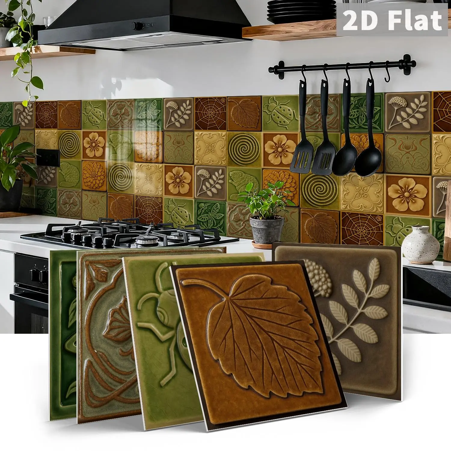 12/24 PCS Gift Box ART Vintage Nature Plant & Insect Embossed PE Crystal Decorative Tile Stickers Waterproof Oil-Proof Home Decor Mosaic Wall Stickers Floral Stickers Tile Wall Decals for Kitchen Bathroom Walls Floors Wall Stickers Decorations