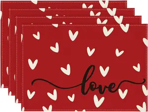 Red Love Valentine's Day Placemats Set of 4, 12x18 Inch Seasonal Anniversary Holiday Table Mats for Party Kitchen Dining Decoration