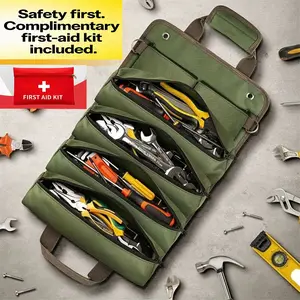 Thickened waterproof roll-up tool bag with multiple pockets, ideal for electricians, carpenters and construction workers. It serves as a portable organizer and accessories pack, suitable for outdoor camping, fishing gear storage and car trunk tidying.