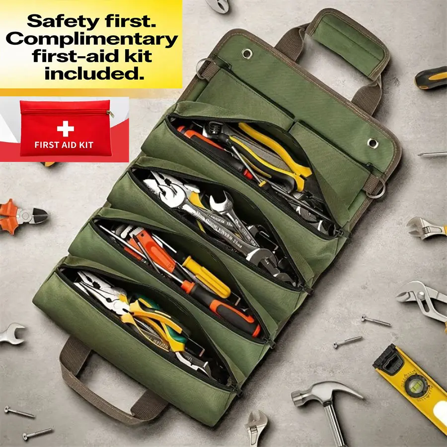 Thickened waterproof roll-up tool bag with multiple pockets, perfect for electricians, carpenters and construction workers. A portable tool organizer for outdoor camping, fishing and car trunk storage.