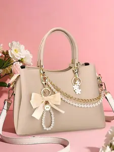 3Pcs/Set Chic Metal Bag Chain Charms & Keychains Set - Double Layer Faux Pearl Bead+Chain Purse Charms+Ribbon Bow Beaded Keychain+Flower Floral Keyring,Elegant Decorative Bag Chain Handbag Decorations With Pearl Accents, Fashion Bag Charms