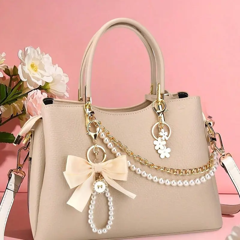 1Pc/2Pcs/3Pcs/Set Chic Metal Bag Chain Charms & Keychains Set - Double Layer Faux Pearl Bead+Chain+Ribbon Bow Beaded Keychain+Flower Floral Keyring,Elegant Decorative Bag Chain Handbag Decorations With Pearl Accents Purse Accessories