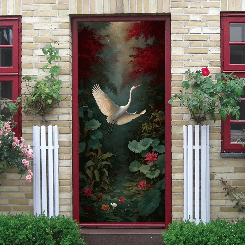 2pcs Tropical Forest Egret and Lotus Wall Stickers Chinese Style Nature Scenery Home Decor Decals Self Adhesive Mural for Living Room Bedroom Waterproof Removable Eco Friendly PVC Material