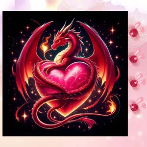5D DIY Full Rhinestone Round Diamond Painting - Diamond Art Kit Red Dragon, Heart, Flame Mosaic, Canvas - DIY Decorative Painting, Home Wall Decor, Suitable for Halloween, Christmas, Birthday, and Anniversary Gifts