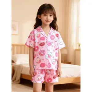 Girls' New Printed Casual Set - Lapel Cardigan, Short Sleeve & Shorts, Outdoor Wear