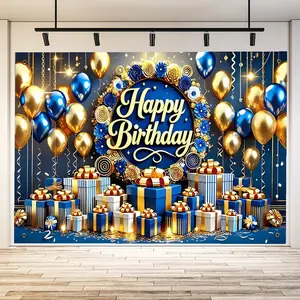 1pc birthday party decorative background banner, large round blue banner, blue and gold balloons, gift box with golden bow, dark blue background with flashing lights and decorative chain - perfect for festive birthday celebrations