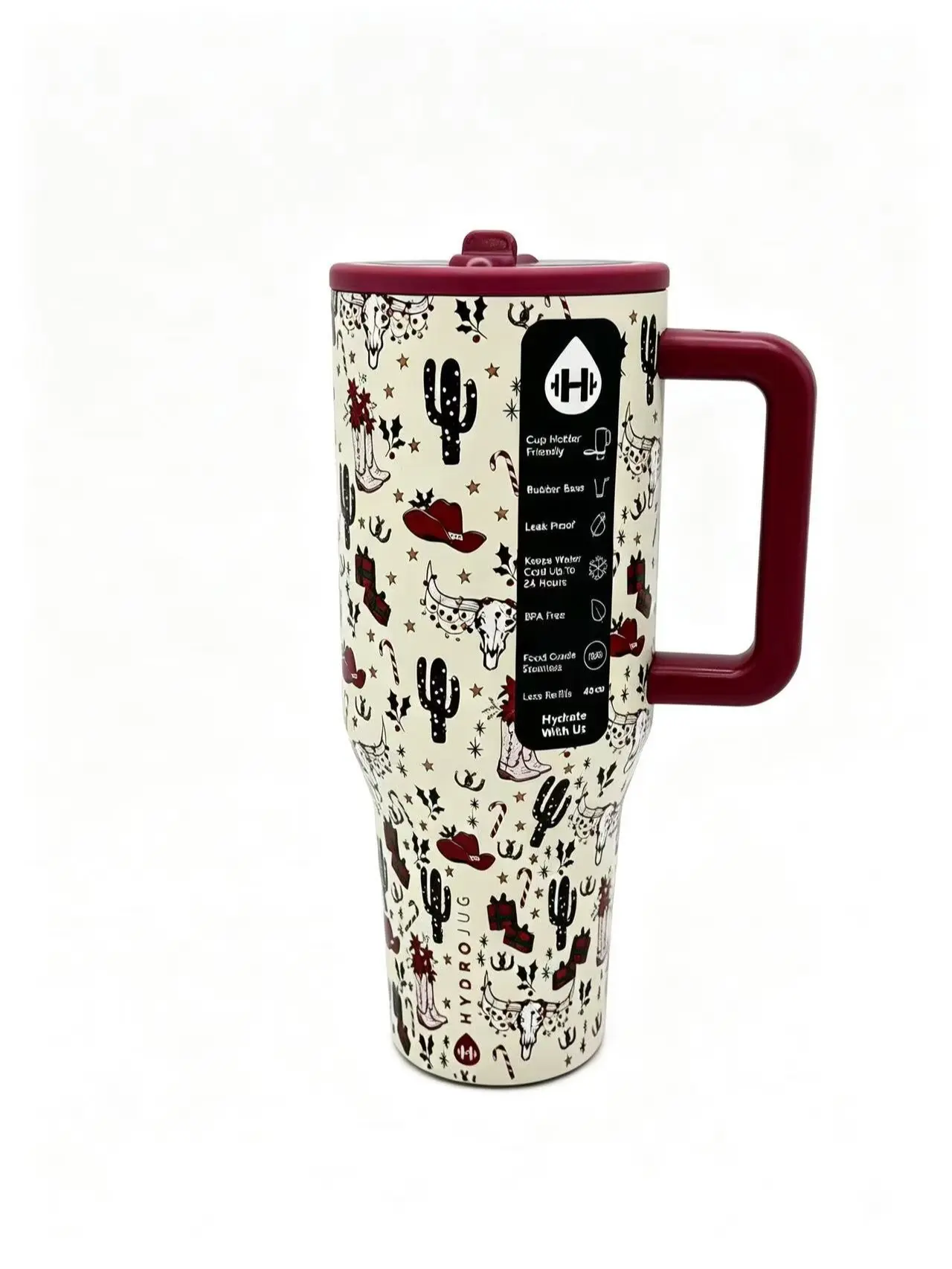 HydroJug 40oz Vintage Western Christmas Tumbler - Burgundy Handle, All-Over Cowboy Cactus Holiday Pattern, Double-Wall Insulated, Sweat-Proof BPA-Free Kitchen Drinkware Vacuum Flask