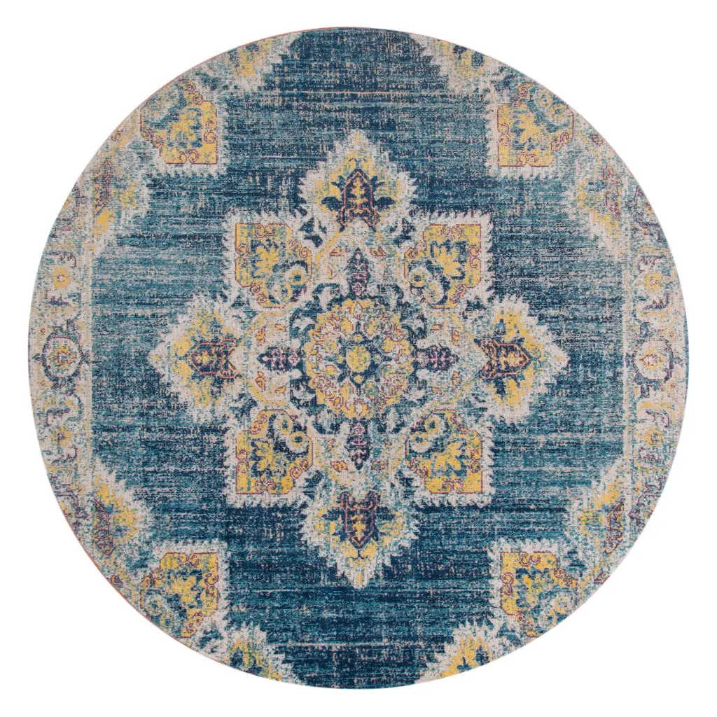 212 MAIN 6 ft. Power Loom Round Medallion Decorative Area Rug with Fringe, Teal Blue, Geometric Flair, Stain-Proof, Traditional Polypropylene Circle Area Rug for High-Traffic Households, Decorative Rug