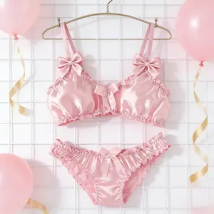 New Style Colorful Non-Wired Bra with Bow Tie Exquisite Sexy Lingerie Set Two-Piece in Purple & Pink Satin