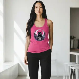 Rebellious and Feral Tank Top – Witchy Gothic Black Cat Racerback – Feminist Moon & Floral Graphic Tank for Spooky Girls