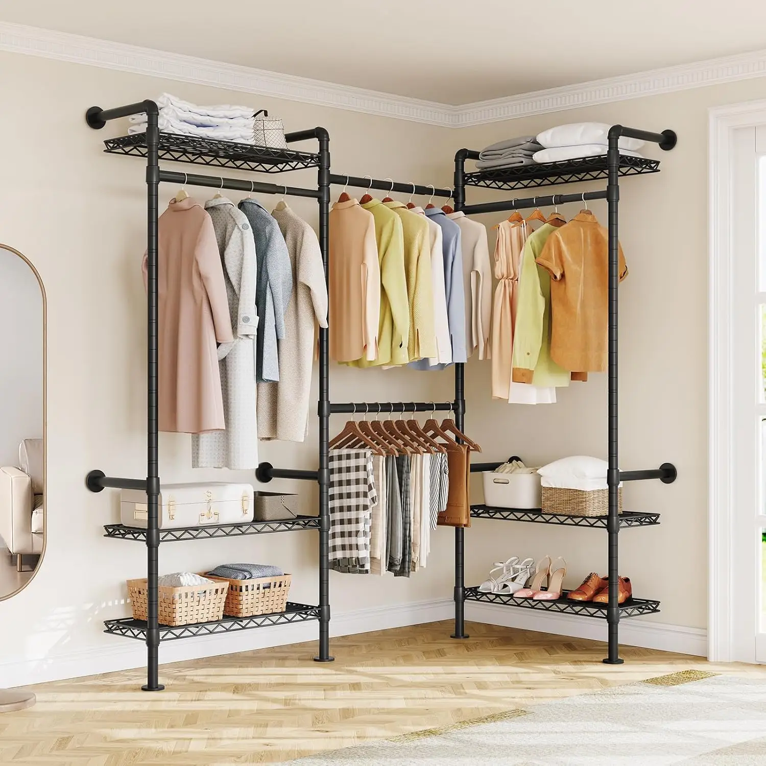 【LaborDaySale】ONBRILL Expandable Wall Mounted Closet System, Industrial Clothing Rack, Pipe Clothes Rack Garment Racks for Hanging Clothes, Heavy Dut