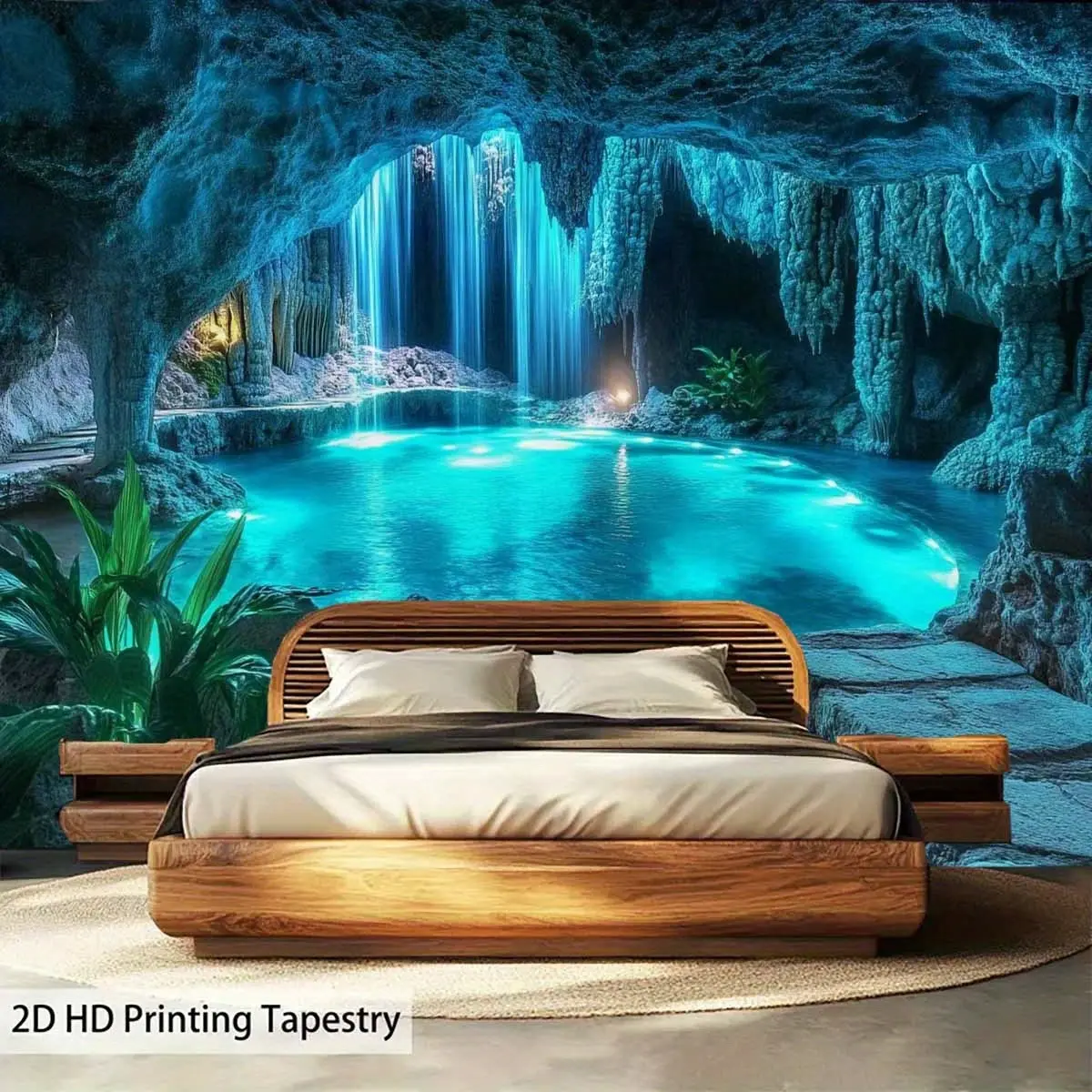 2D flat, large blue cave waterfall pool tapestry - 2D high definition printed wall decoration for home decoration, weddings, party backdrops - turquoise blue waterfall and cave pool design, no electricity required,/outdoor waterfall decoration