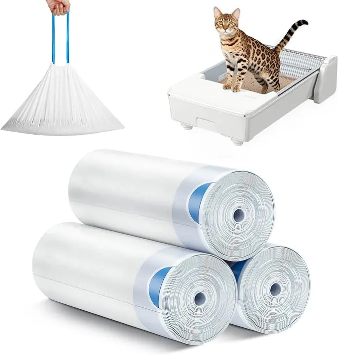 Meowant Self-Cleaning Litter Box Liners for MW-SC03 Litter Trays, 60PCS Heavy-Duty Drawstring Bags (3 Rolls, 20 Bags/Roll) with Drawstring Feature & Double Cord - Extra-Thick, Leakproof, Odor-Control Litterbox Tray Accessory (58x25cm) for 10kg Cats