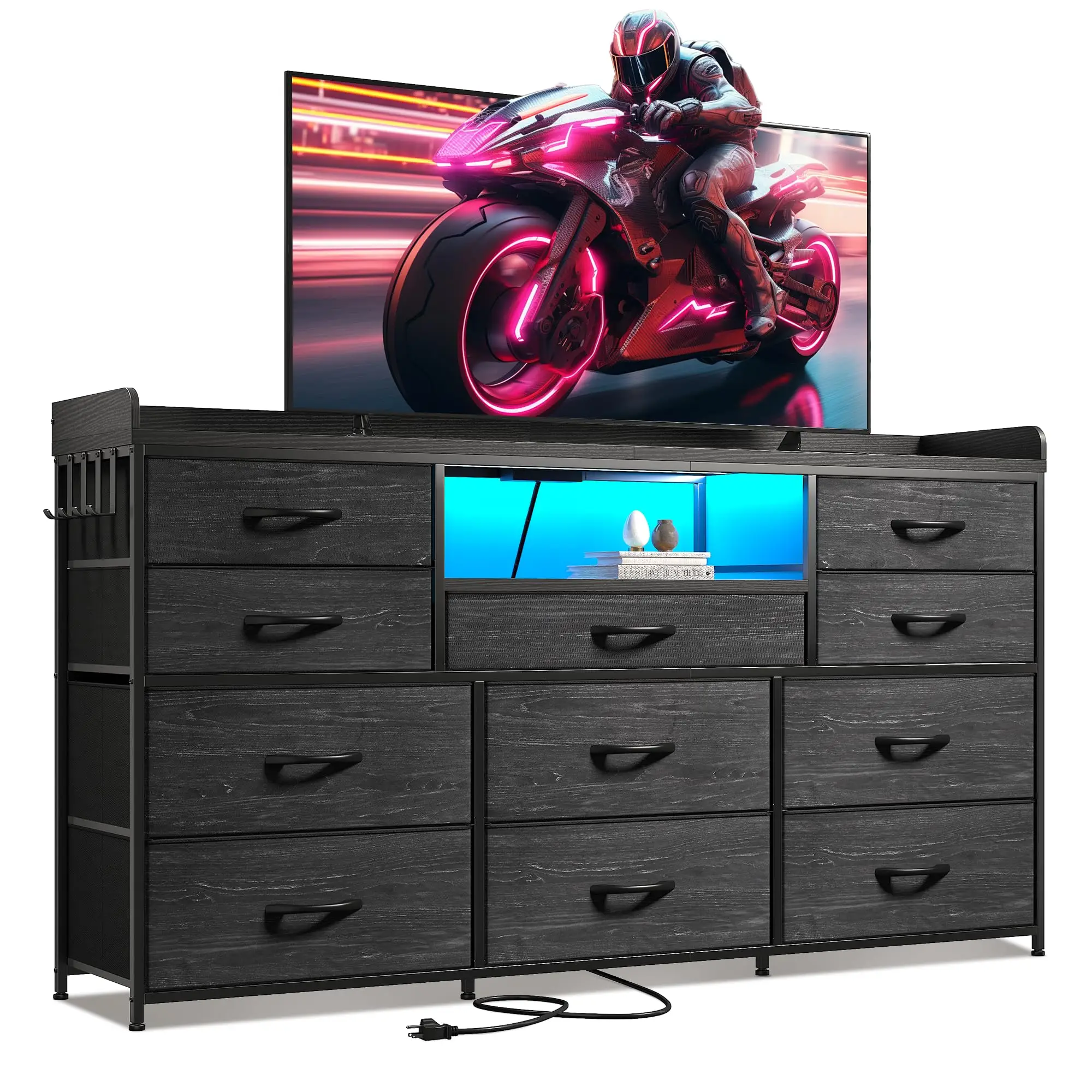 Raybee Dresser for Bedroom with 11 Drawers for 60" TV, with LED Lights & Charging Station, Long Dresser with Shelves & 4 Hooks, Sturdy Metal Frame & F